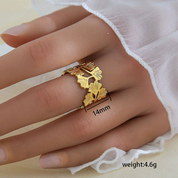 Simple Fashionable Stainless Steel And Titanium Steel Leaf And Flower Ring With Real Gold Plating For Women Geometric And U Shaped Design Unisex Style