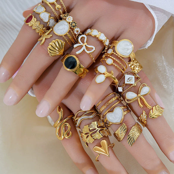 Simple Fashionable Stainless Steel And Titanium Steel Leaf And Flower Ring With Real Gold Plating For Women Geometric And U Shaped Design Unisex Style