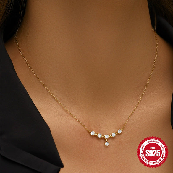 Simple Fashionable Unisex S925 Sterling Silver Double Layer Three Row Drill Stacked Clavicle Necklace With Geometric Design And Zircon Treatment