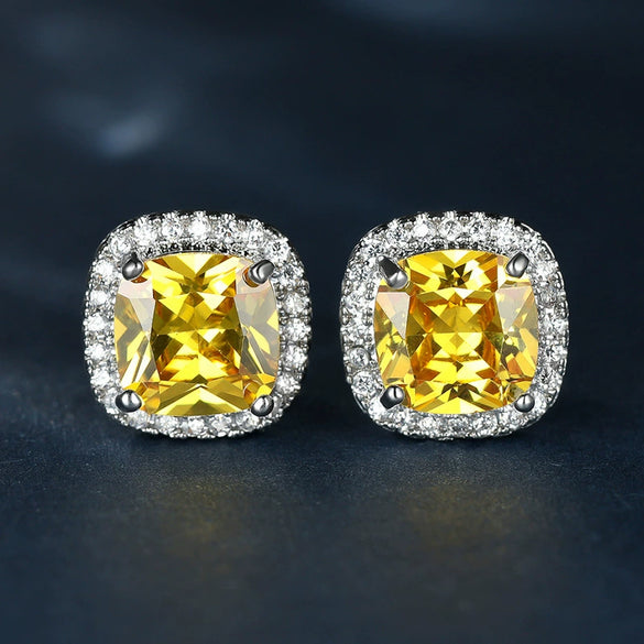 Simple Fat Square Emerald Zircon White Diamond Rimmed Unisex Earrings Copper With Geometric Pattern And Electroplating