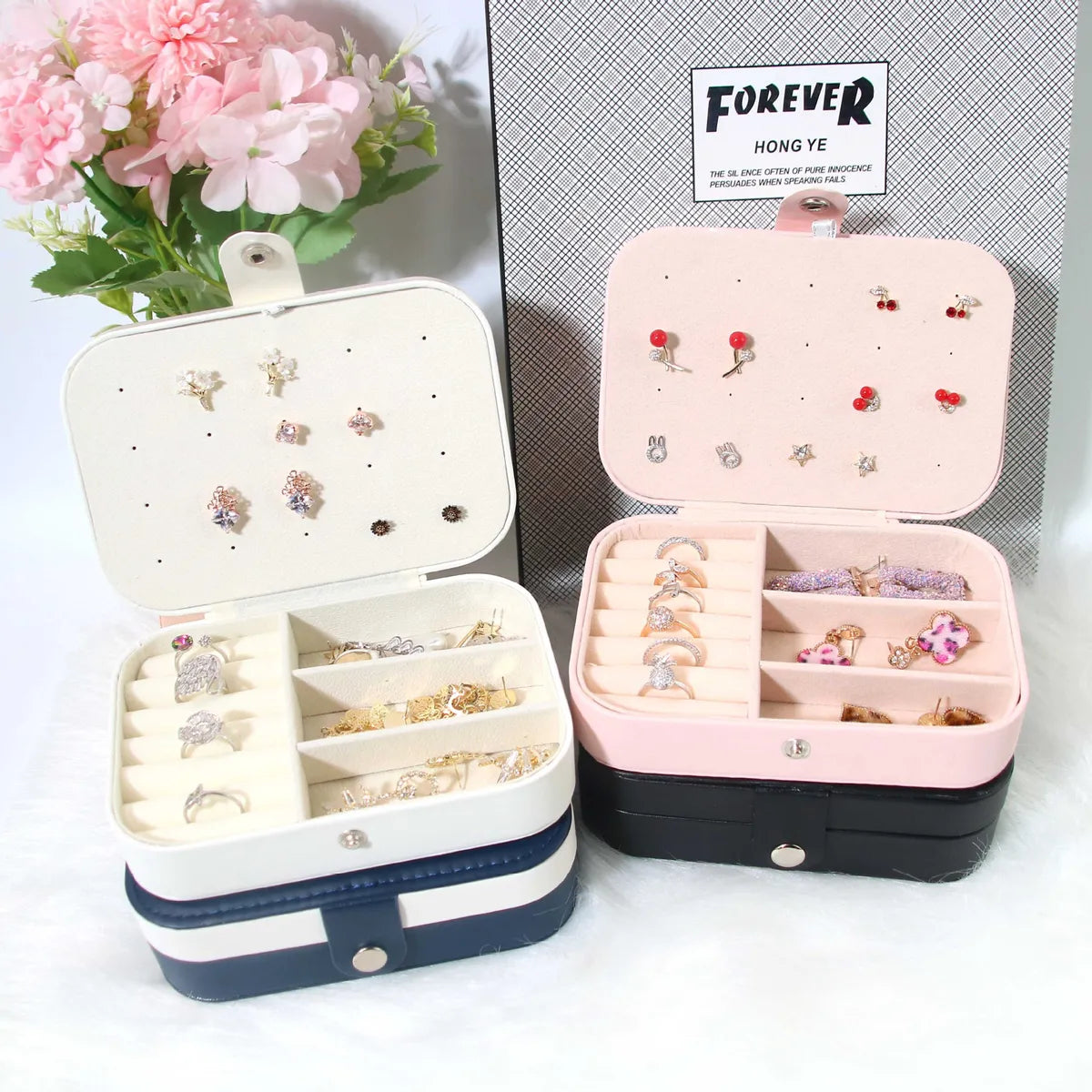 Simple Flip Travel Double Layer Jewelry Box Ring Necklace Ear Stud Pendant Jewelry Box Portable Jewelry Storage Box