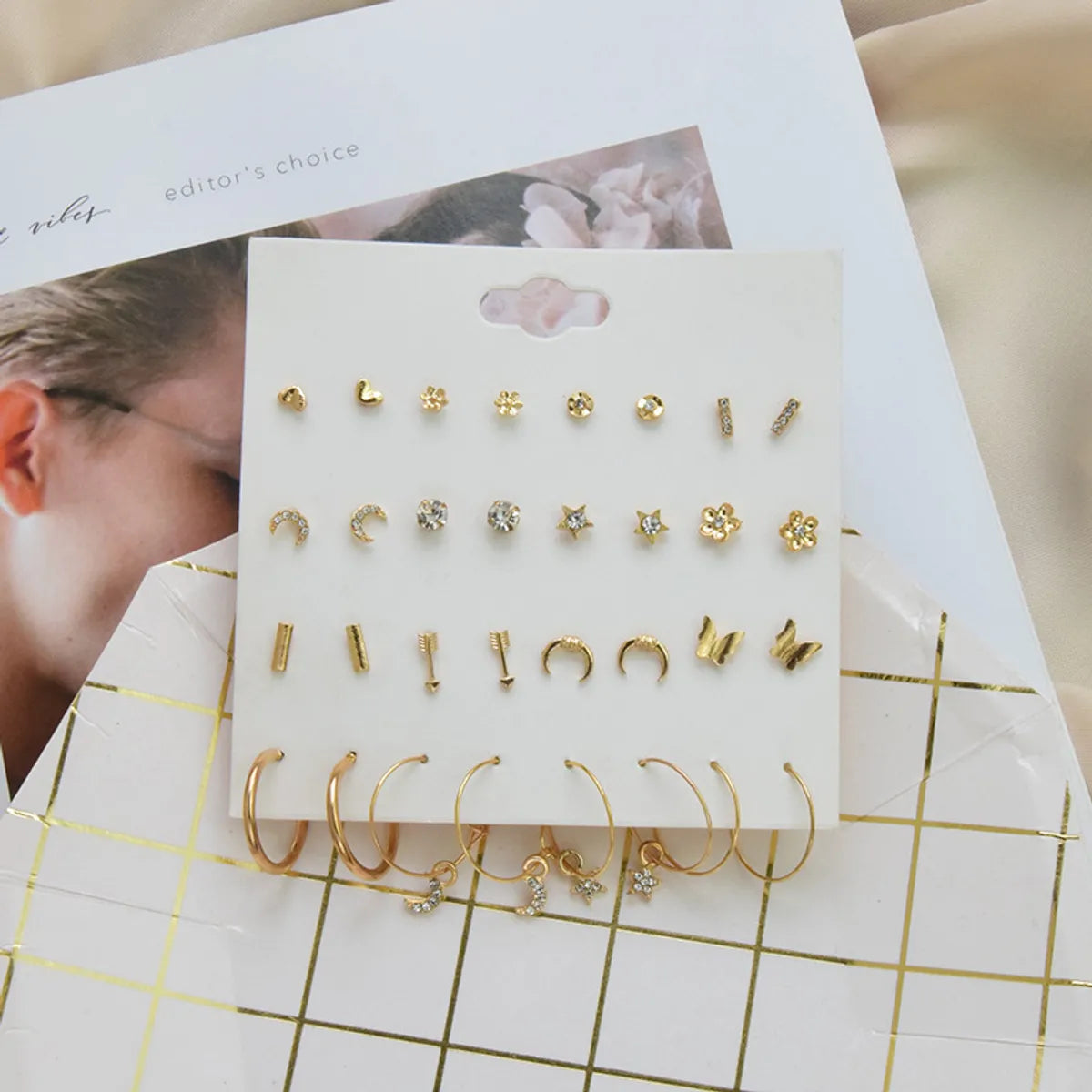 Simple Geometric Alloy Small Earrings Set 16 Pairs One Card