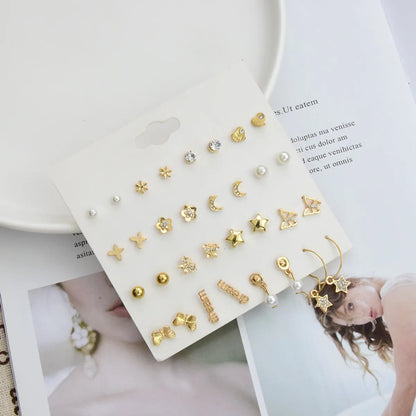 Simple Geometric Alloy Small Earrings Set 16 Pairs One Card