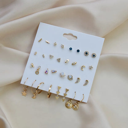 Simple Geometric Alloy Small Earrings Set 16 Pairs One Card