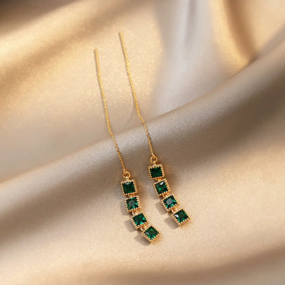 Simple Geometric Emerald Long Tassel Earrings