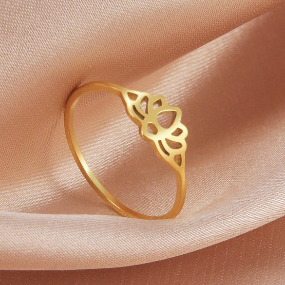 Simple Geometric Hollow Lotus Stainless Steel Ring With Polished Gold Tone Finish