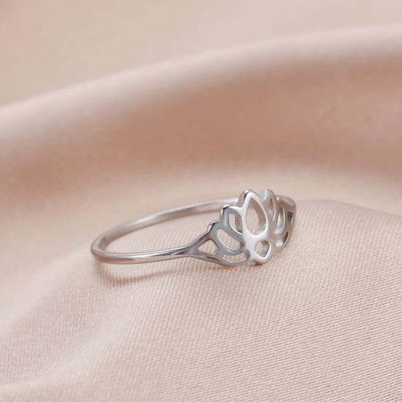 Simple Geometric Hollow Lotus Stainless Steel Ring With Polished Gold Tone Finish