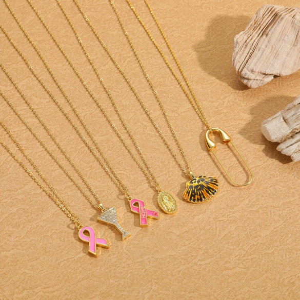 Simple Geometric Pattern Copper Mixed Gemstone Setting Electroplated Pendant Necklace For Women