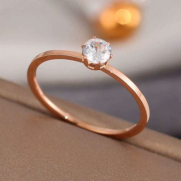 Simple Geometric Six Claw Single Stone Ring For Women Rose Gold Electroplated Titanium Steel Stainless Steel Band