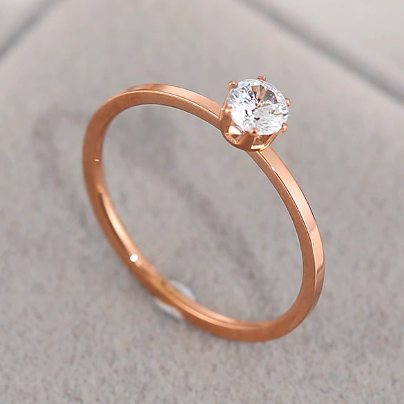 Simple Geometric Six Claw Single Stone Ring For Women Rose Gold Electroplated Titanium Steel Stainless Steel Band