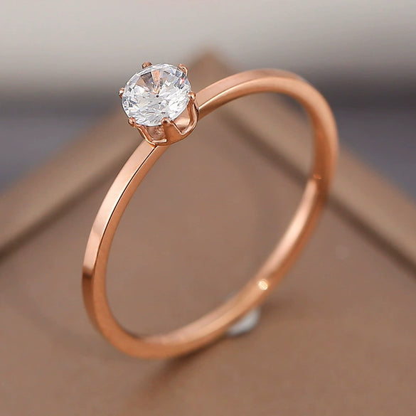 Simple Geometric Six Claw Single Stone Ring For Women Rose Gold Electroplated Titanium Steel Stainless Steel Band