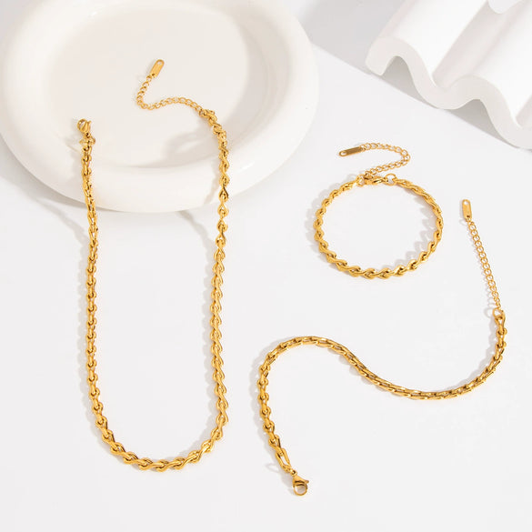 Simple Geometric Stainless Steel Side Chain Necklace Bracelet Anklet Suit With Pvd Furnace Vacuum Real Gold Plating