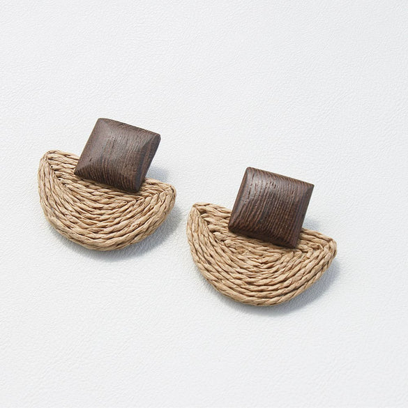 Simple Geometric Straw Bamboo Rattan Earrings With Wood And Leopard Print Acrylic Handcrafted Epoxy Dangle Earrings For Girls