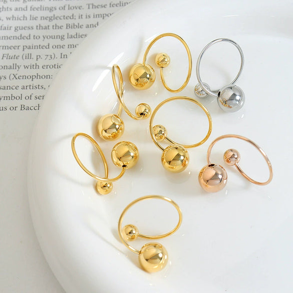 Simple Geometric Stainless Steel Open Ring With Steel Ball Design And Electroplated Finish For Women