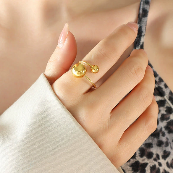 Simple Geometric Stainless Steel Open Ring With Steel Ball Design And Electroplated Finish For Women