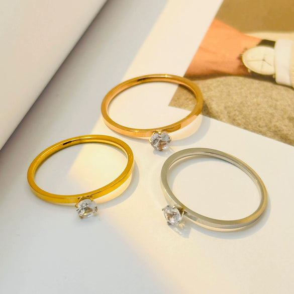 Simple Geometric Zircon Decorative Titanium Steel Ring For Women Rose Gold Electroplated Fadeless Fashion Index Finger Ring