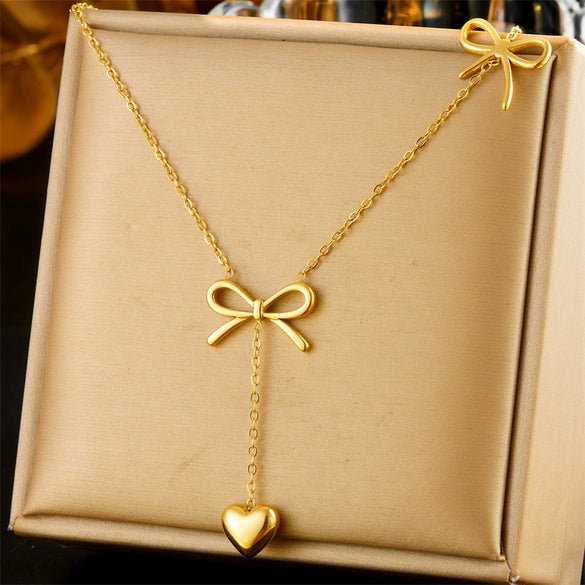 Simple Gold Plated Stainless Steel And Titanium Steel Long Tassel Chain With Bow Pendant Necklace For Women