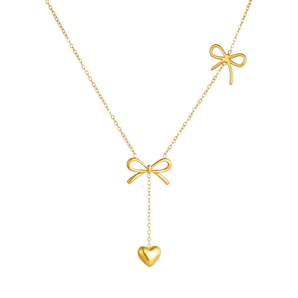 Simple Gold Plated Stainless Steel And Titanium Steel Long Tassel Chain With Bow Pendant Necklace For Women