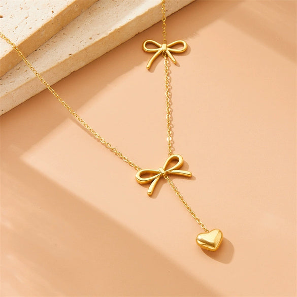 Simple Gold Plated Stainless Steel And Titanium Steel Long Tassel Chain With Bow Pendant Necklace For Women