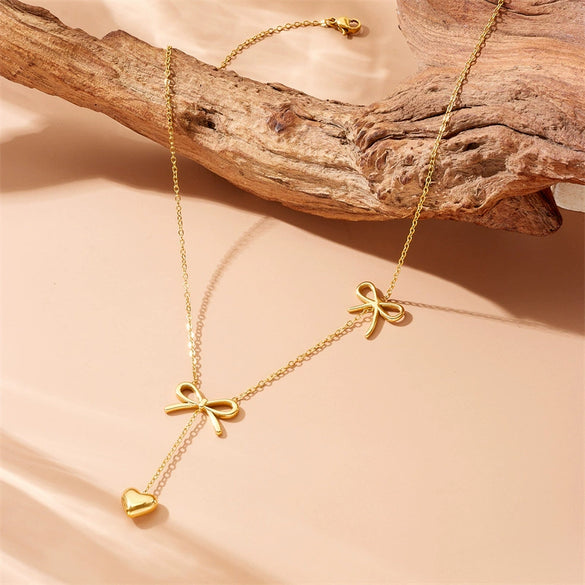 Simple Gold Plated Stainless Steel And Titanium Steel Long Tassel Chain With Bow Pendant Necklace For Women