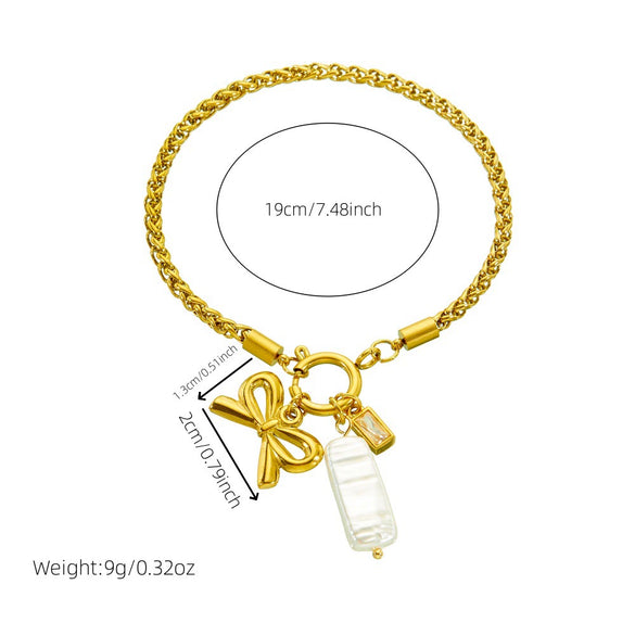 Simple Gold Plated Twist Chain Bow Shell Pendant Stainless Steel Bracelet For Women