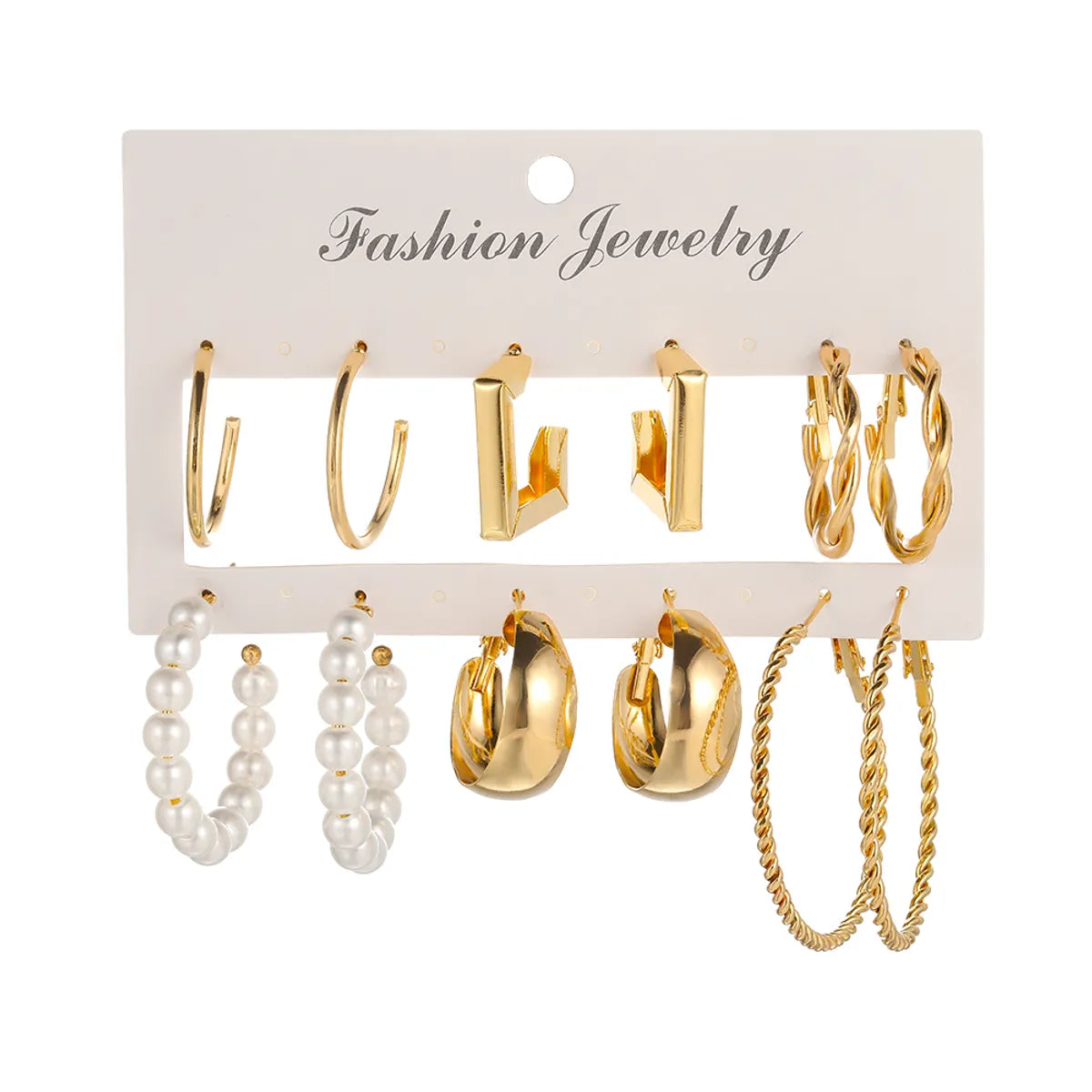 Simple Golden Geometric Pearl Alloy 6-Piece Hoop Earrings Set