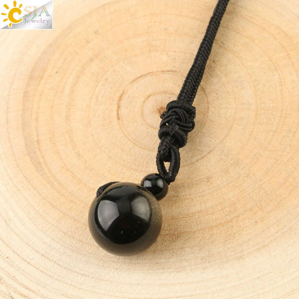 Simple Handmade Natural Stone Round Bead Pendant Necklace With Wear Rope Chain Minimalist Jewelry