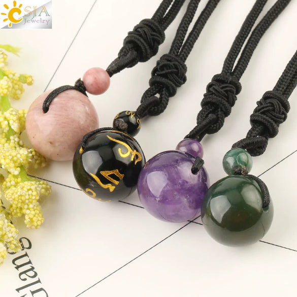 Simple Handmade Natural Stone Round Bead Pendant Necklace With Wear Rope Chain Minimalist Jewelry