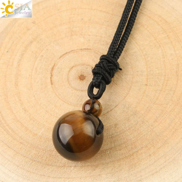 Simple Handmade Natural Stone Round Bead Pendant Necklace With Wear Rope Chain Minimalist Jewelry