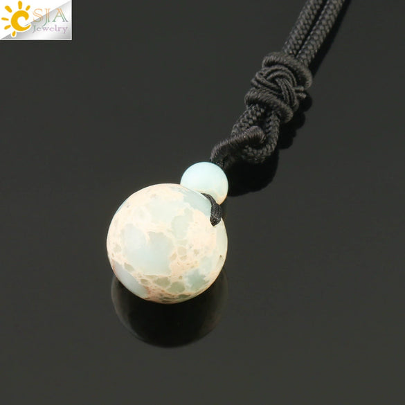 Simple Handmade Natural Stone Round Bead Pendant Necklace With Wear Rope Chain Minimalist Jewelry