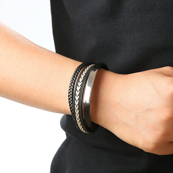 Simple Handwoven Leather Bracelets With Stainless Steel Alloy Buckles Magnetic Material Geometric Style For Men Handmade