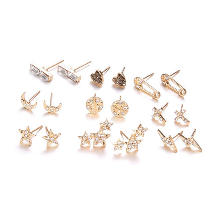 Simple Heart Shape Star Moon Cross Lightning Paper Clip Diamond Earrings 9-Piece Set