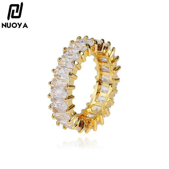 Simple Hip Hop Single Row Square Zircon Copper Ring With Gold Plated Geometric Bling Design For Unisex