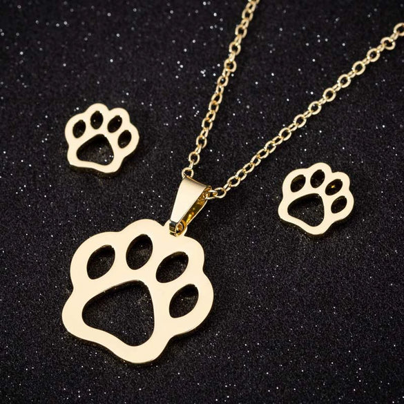 Simple Hollow Bear Paw Print Stud Jewelry Three Piece Set For Women Stainless Steel O Chain Animal Zodiac Electroplated Earrings And Necklace Suit