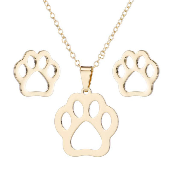 Simple Hollow Bear Paw Print Stud Jewelry Three Piece Set For Women Stainless Steel O Chain Animal Zodiac Electroplated Earrings And Necklace Suit