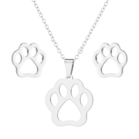 Simple Hollow Bear Paw Print Stud Jewelry Three Piece Set For Women Stainless Steel O Chain Animal Zodiac Electroplated Earrings And Necklace Suit
