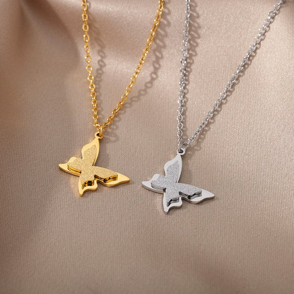 Simple Hollow Heart Shaped Butterfly Pendant Stainless Steel Necklace With Electroplating