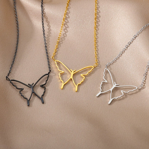 Simple Hollow Heart Shaped Butterfly Pendant Stainless Steel Necklace With Electroplating
