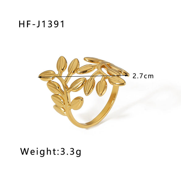 Simple Ins Style Leaf Geometric Hollow Flower 18K Gold Plated Snake Shaped Multi Layer Titanium Steel Ring For Women With Electroplating Process