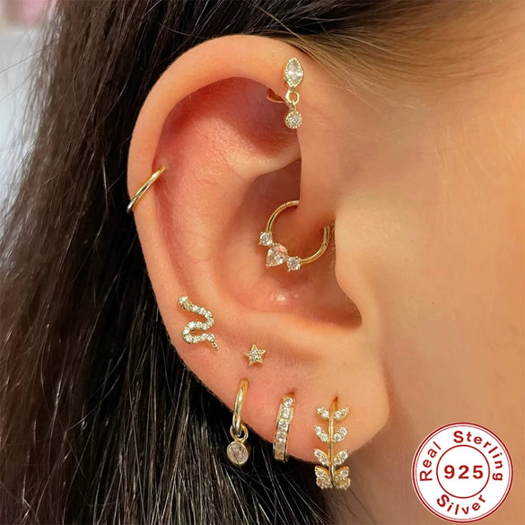 Simple Ins Style S925 Sterling Silver Cartilage Earrings With Zircon And Geometric Design