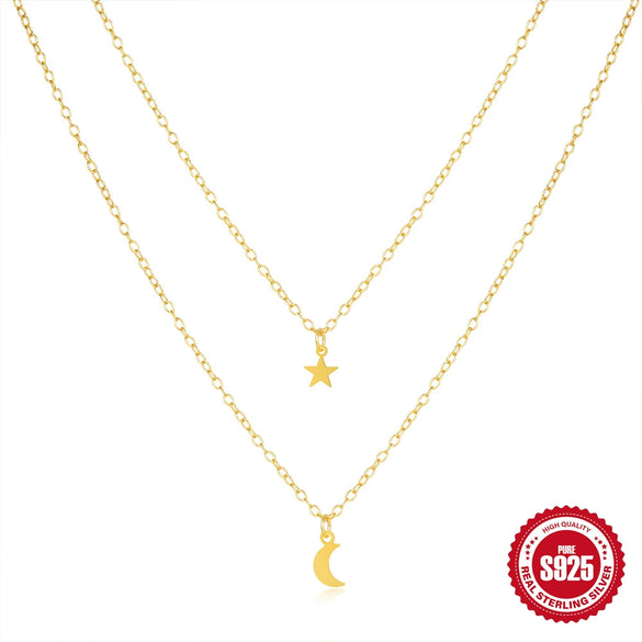 Simple Ins Style S925 Sterling Silver Double Layer Stacked Star Moon Geometric Unisex Daily Necklace With Zirconia Design