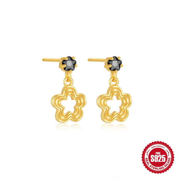 Simple Ins Style S925 Sterling Silver Five Petal Flower Plum Blossom Earrings With Black Zirconium And Geometric Design For Women