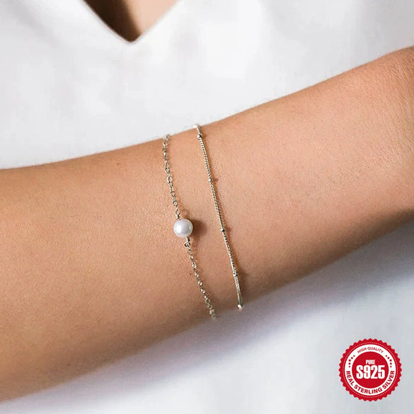 Simple Ins Style S925 Sterling Silver Geometric Double Layer Stacked Pearl Bracelet With Electroplating For Women