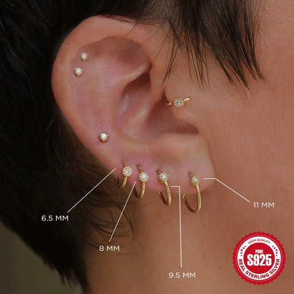 Simple Ins Style S925 Sterling Silver Geometric Single Diamond Embedded Cartilage Piercing Earrings With Electroplating