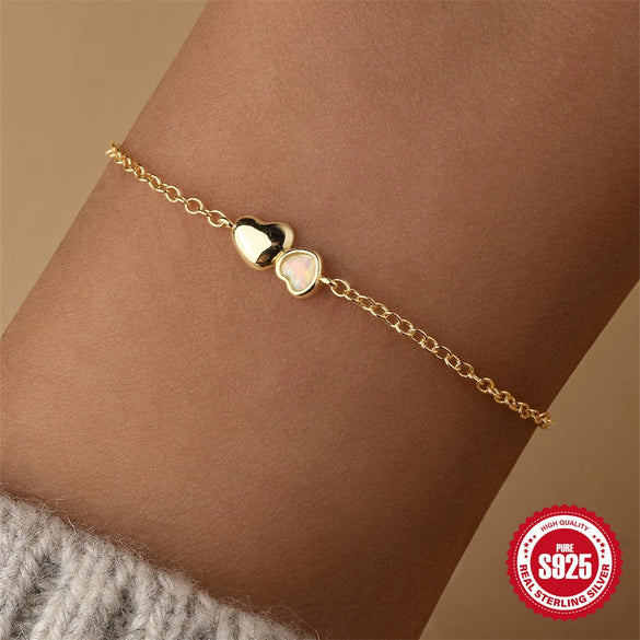 Simple Ins Style S925 Sterling Silver Love Opal Bracelet With Double Love Element And Star Shape Electroplated