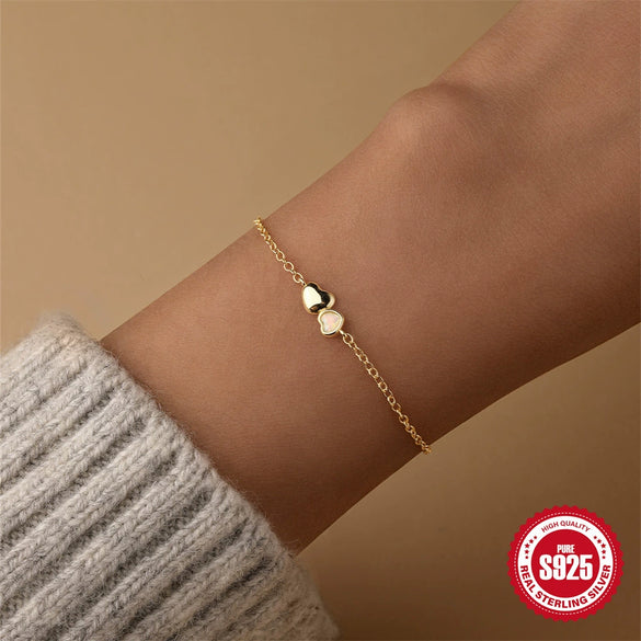 Simple Ins Style S925 Sterling Silver Love Opal Bracelet With Double Love Element And Star Shape Electroplated
