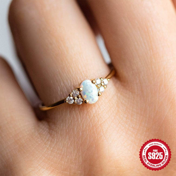 Simple Ins Style S925 Sterling Silver Opal Diamond Ladies Wedding Ring With Geometric Design And Electroplating