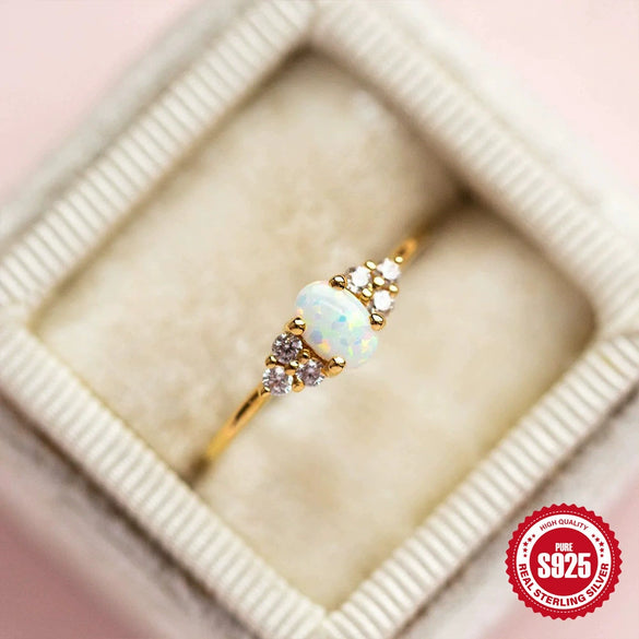 Simple Ins Style S925 Sterling Silver Opal Diamond Ladies Wedding Ring With Geometric Design And Electroplating