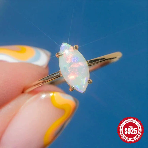 Simple Ins Style S925 Sterling Silver Opal Diamond Women's Wedding Ring With Electroplating