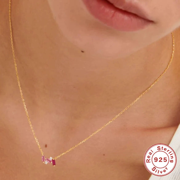 Simple Ins Style S925 Sterling Silver Square Dopamine Diamond Women's Clavicle Necklace With Electroplating
